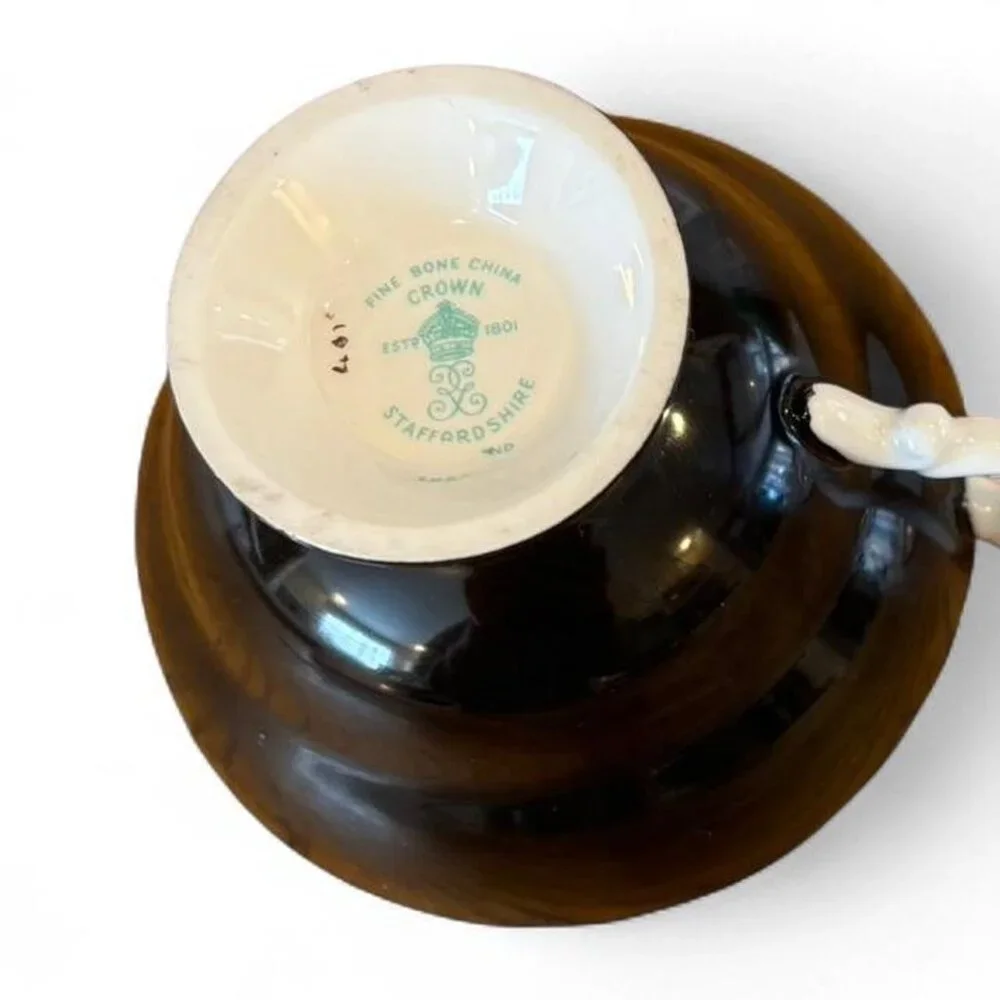 Vintage Staffordshire Fine‎ Bone China Black Gold Floral Teacup Tea Cup